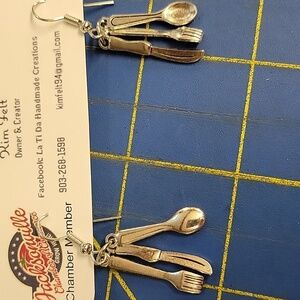 Utensils Fork Spoon Fork Dangle Silver Tone Earrings